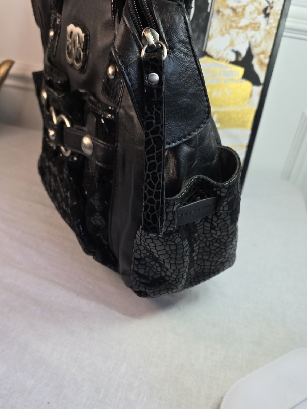 Sharif 1827 Black Braided-Handle Tote with Woven Front - Picture 8 of 10